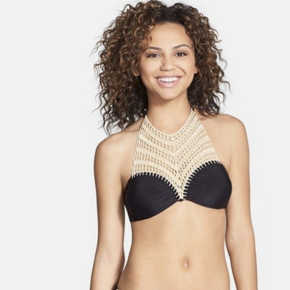 The Bikini Lab Womens Halter Crochet High Neck Bikini Swim Top Size Large Black